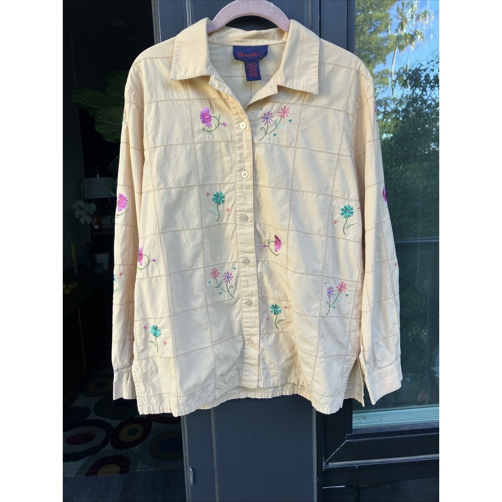 VTG 90s Denim & Co Embroidered Floral Grid Blouse Shirt Beige Size S Cottagecore